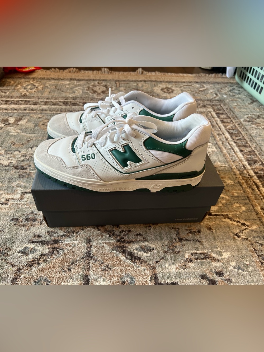 New Balance 550 White and Green Athletic Sneakers